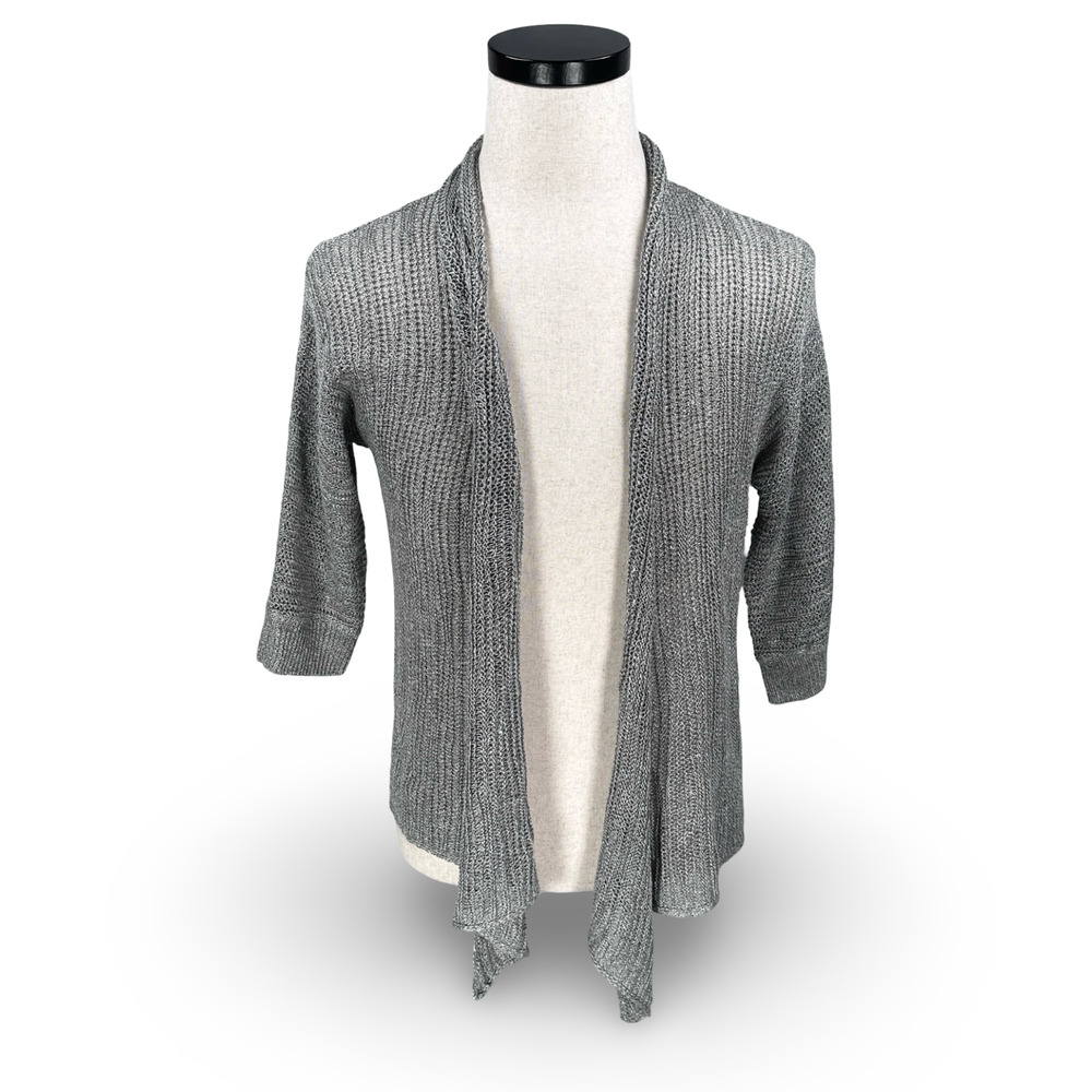 Eileen Fisher Open Cardigan Sweater Womens Medium Silk‎ Linen Gray Silver Blend